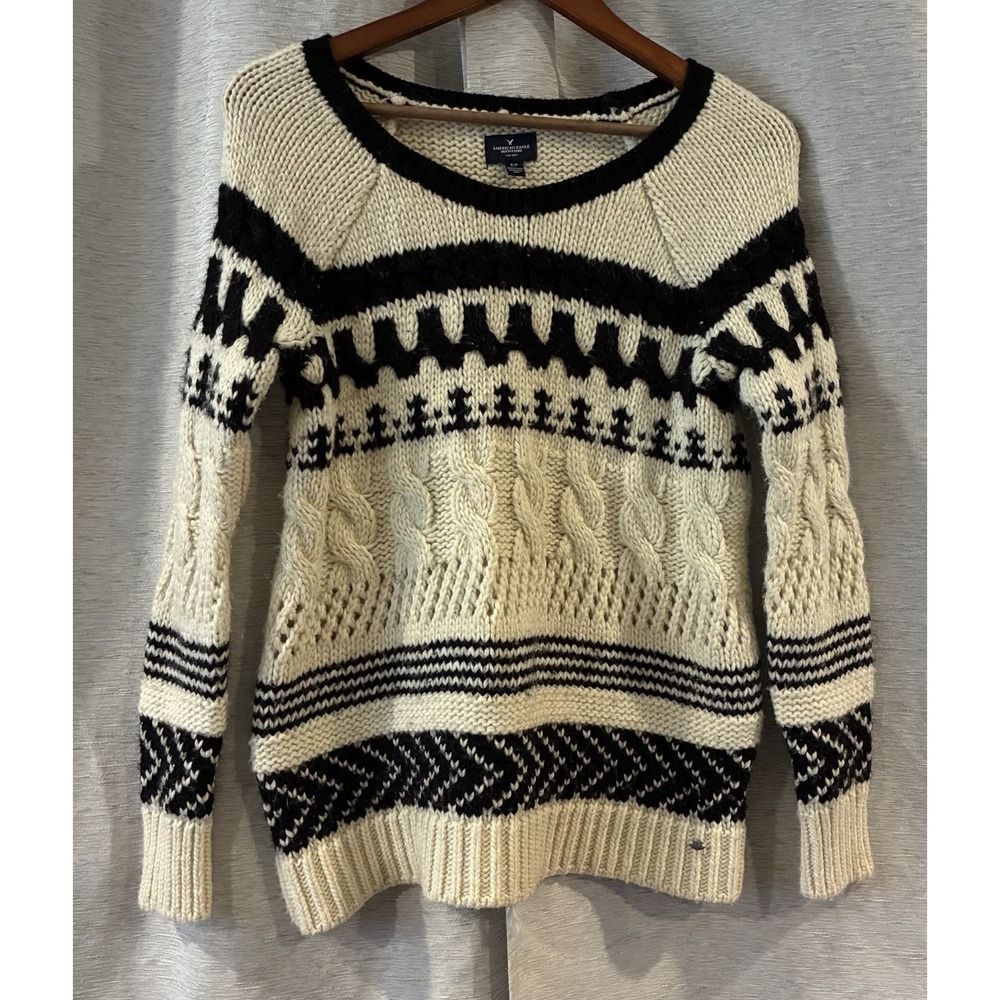 American Eagle Fair Isle Chunky Cable Knit Wool Blend Sweater Cream Black Small
